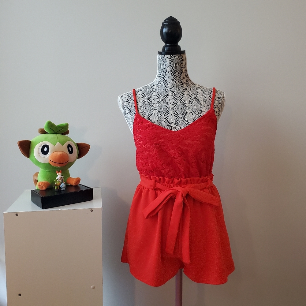 REPOSH - 🍁Red V-Neck Lace Romper